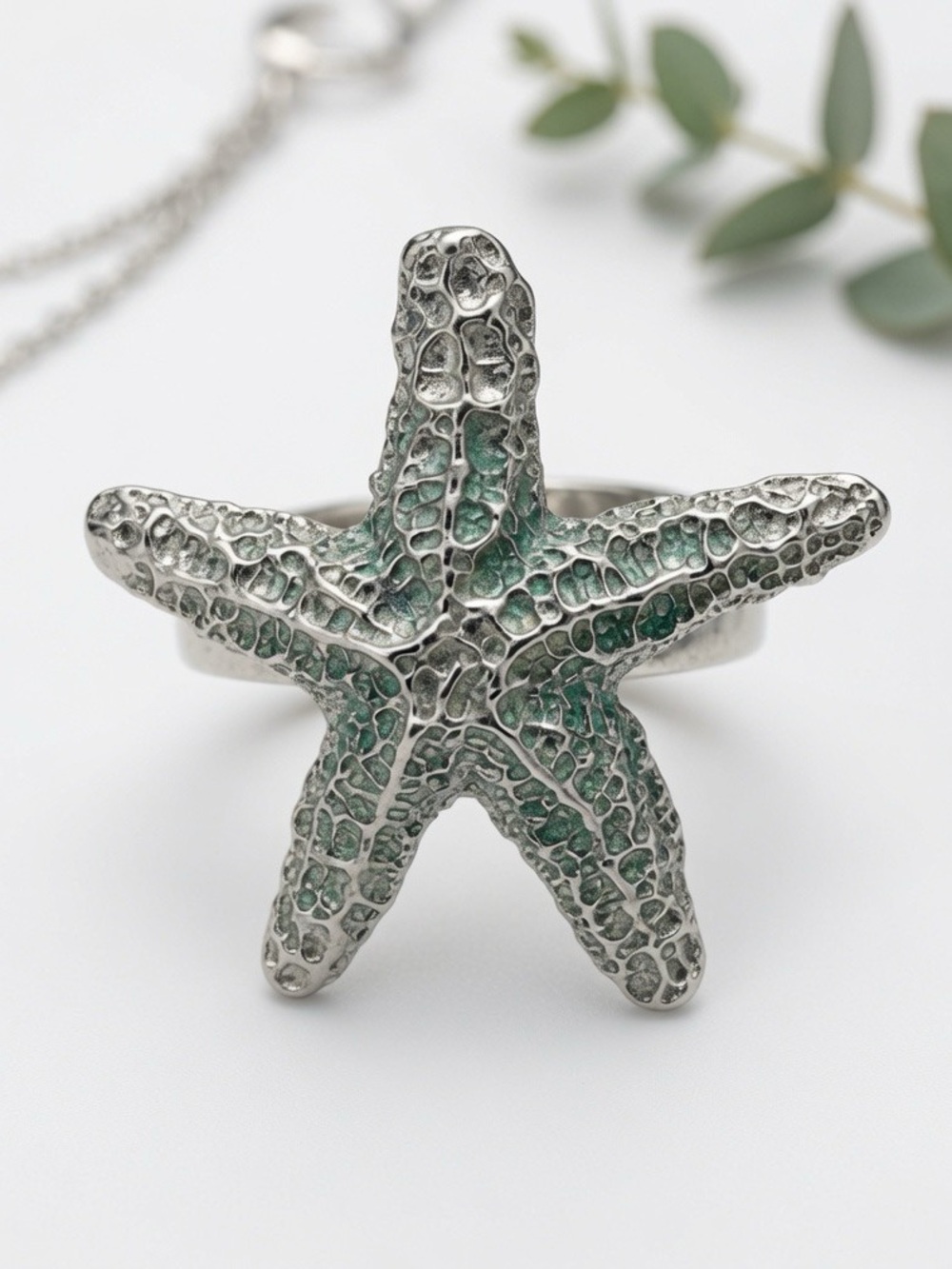 Silver Textured Adjustable Starfish Ring Sz 7